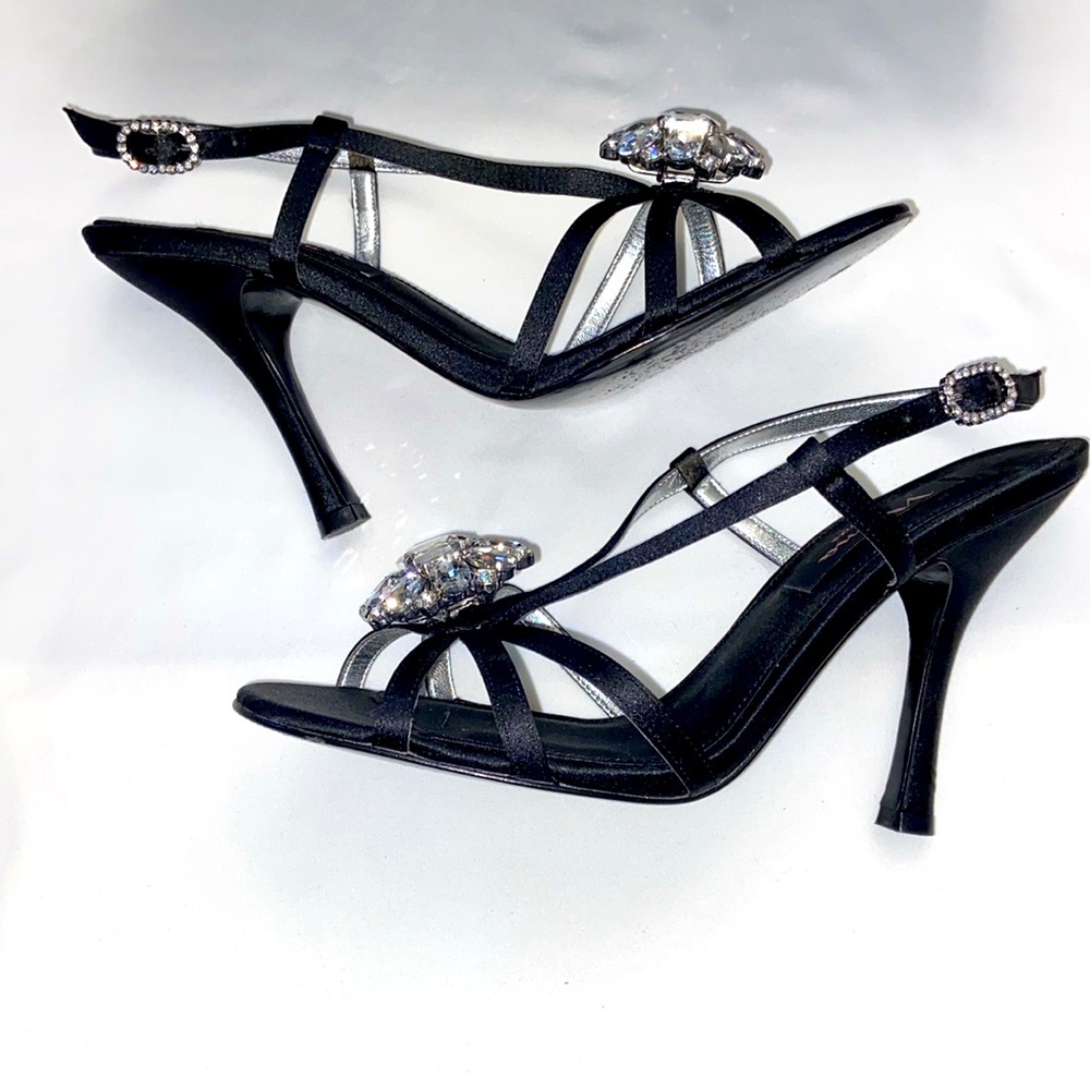 Nina black satin stiletto sandals with jeweled toe.  Size 8M